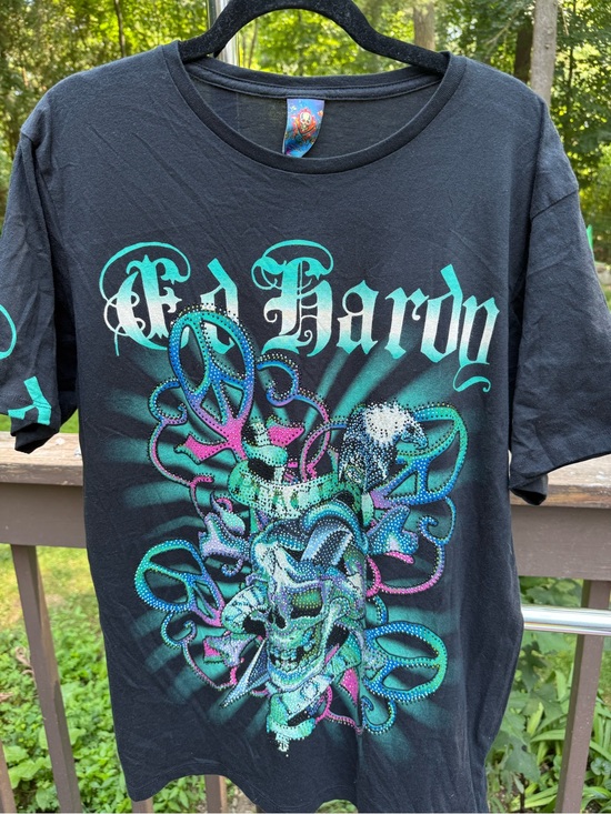 Ed Hardy Tops - Ed Hardy Black Short-Sleeve Graphic Tee with Teal & Pink Accents